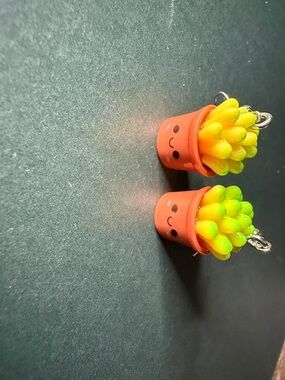 Cute Orange Plant Pot Charm Earrings with Neon Green Succulents